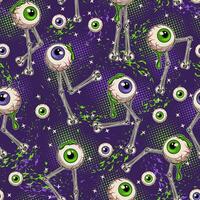 Halloween pattern with moving monsters made of bones, human eyeballs with drops of green goo, slime. Round halftone shapes, little stars, abstract small blots on violet background. Creepy illustration vector