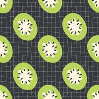 Abstract kiwi slices seamless pattern on checkered distorted background. Psychedelic print for fabric, paper, textile. Hand drawn illustration. vector
