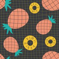 Groovy style pineapples and slices seamless pattern on grid distorted background. Hippie aesthetic print for fabric, paper, textile. Hand drawn geometric illustration. vector