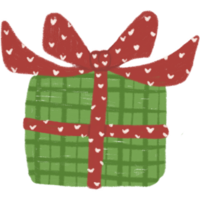 A green gift box with a red ribbon and white polka dots. The box has a plaid pattern and the ribbon is tied in a large bow at the top. The image has a simple, cartoonish style. png