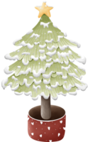 This image is a digital drawing of a small Christmas tree. The trees are green and covered with white snow. There is a yellow star at the top and it is in a red pot. png
