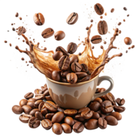 Dynamic Coffee in mug Splash and Beans isolated on transparent background png
