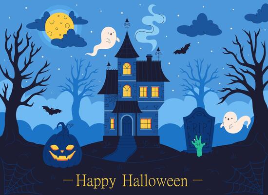 Happy Halloween greeting card with Haunted house, graveyard, pumpkin, bats, trees, full moon