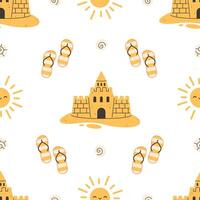 Seamless pattern with sand castle, sun, sea shell and flip flops. Summer vacation seamless pattern. vector