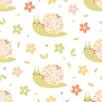 Seamless pattern with cute snails and flowers. Spring and summer seamless pattern vector