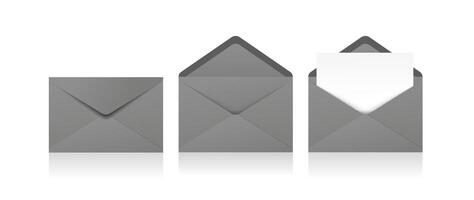 Set of realistic gray envelopes in different positions. Folded and unfolded envelope backpack vector