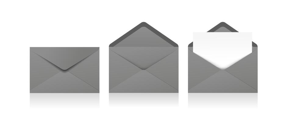 Set of realistic gray envelopes in different positions. Folded and unfolded envelope backpack