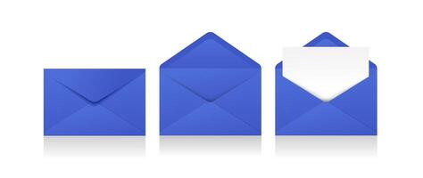Set of realistic blue envelopes in different positions. Folded and unfolded envelope backpack vector