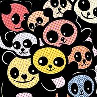 Colorful Cartoon Pandas in Playful Group with Halftone Effect vector