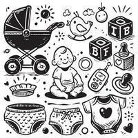 Hand-drawn baby gear doodle set with stroller pacifier monitor baby sitting on white background for coloring book vector