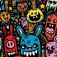 Quirky Cartoon Boy with Monsters and Surreal Doodles on Dark Background vector