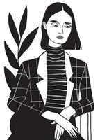Stylized black and white illustration of a woman in a checkered blazer with a serious expression vector