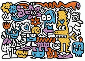 Whimsical Cartoon Characters and Flowers with Halftone Effect vector