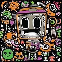 Colorful Cartoon Robot with Playful Doodles in Offset Effect on Dark Background vector