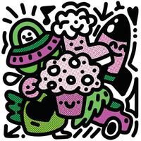 Playful Cartoon Objects with UFO and Cupcake with Halftone Effect vector
