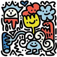 Happy Cartoon Flowers and Shapes with Halftone Effect vector