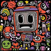 Colorful Cartoon Robot with Playful Expressions Surrounded by Whimsical Doodles vector