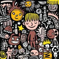 Smiling Cartoon Boy Among Abstract and Whimsical Doodles with Dark Background vector