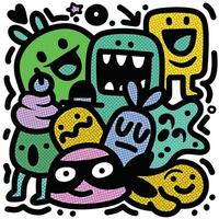 Playful Cartoon Monsters Group with Halftone Effect vector