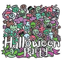 Colorful Cartoon Monsters and Characters with Halloween Party Text in Offset Effect vector