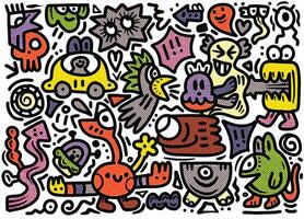 Playful Cartoon Doodle Characters and Objects with Halftone Effect vector