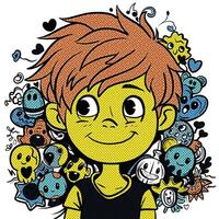 Smiling Cartoon Boy Surrounded by Colorful Doodles and Cute Characters with Halftone Effect vector