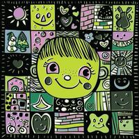 Colorful Cartoon Face with Geometric Doodles and Patterns with Offset Effect vector