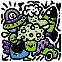 Whimsical Cartoon Objects and Characters with Offset Effect on White Background vector