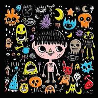 Quirky Cartoon Boy with Monsters and Doodles with Offset Effect on Dark Background vector