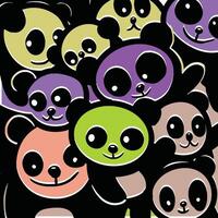 Colorful Cartoon Pandas with Big Eyes and Offset Effect on Dark Background vector