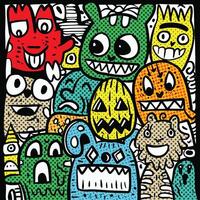 Colorful Cartoon Monsters with Playful Expressions in Halftone Effect on White Background vector