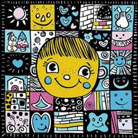 Colorful Cartoon Face with Geometric Doodles and Patterns in Halftone Effect vector