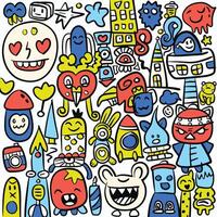 Colorful Cartoon Doodles and Characters with Playful Expressions on White Background vector