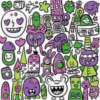Playful Cartoon Doodles and Characters in Halftone Effect on White Background vector