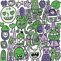 Playful Cartoon Doodles and Characters with Offset Effect on White Background vector