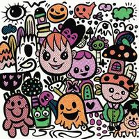 Playful Cartoon Characters and Doodles in Halftone Effect on White Background vector
