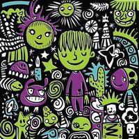 Whimsical Cartoon Boy with Surreal Doodles and Characters with Offset Effect vector