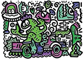 Vibrant Doodle Art with Offset Effect Featuring Quirky Characters and Abstract Designs vector