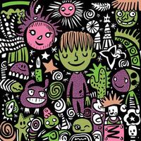 Whimsical Cartoon Boy with Surreal Doodles and Characters in Halftone Effect vector