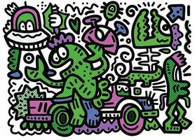 Quirky Cartoon Creatures and Vehicles with Halftone Effect vector