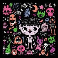 Quirky Cartoon Boy with Monsters and Doodles in Halftone Effect on Dark Background vector