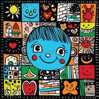 Colorful Cartoon Face with Geometric Doodles and Patterns in Grid Layout vector