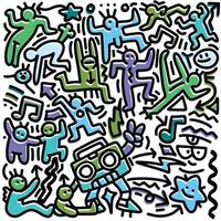 Abstract Cartoon Figures Dancing with Music Symbols in Offset Effect vector
