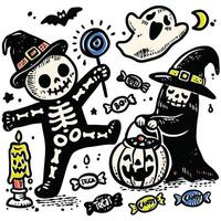 Playful Hand-Drawn Halloween Doodles with Offset Effect Skeletons Ghost and Candy vector