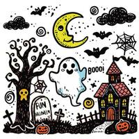 Spooky Hand-Drawn Halloween Doodles with Halftone Effect Ghost Haunted House and Moon vector