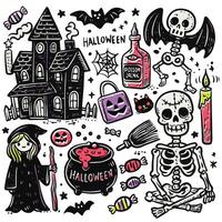 Fun Hand-Drawn Halloween Doodles with Offset Effect Witch Skeleton and Haunted House vector