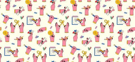 Seamless pattern with school supplies in bold hands in retro flat style. Funny hand drawn fat hands with light bulb, pencil, ruler, various gesticulations. Back to school, education concept. vector