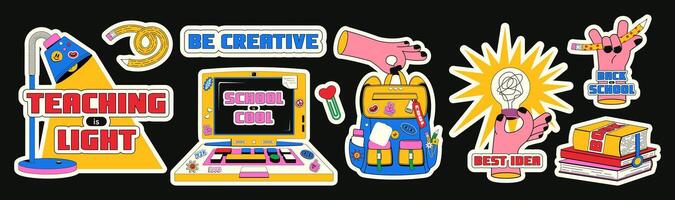 Trendy set of Back to School stickers. Illustration of school supplies with a border in shape, with words and phrases on the theme of learning. vector