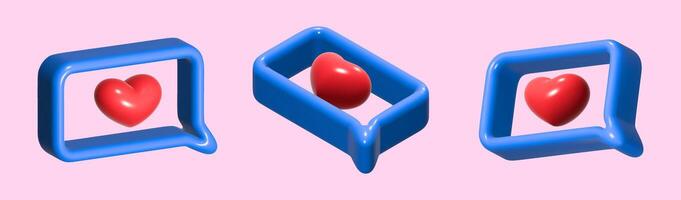 Set of 3D speech bubbles with blue plastic texture. Playful frame with red heart, like, review, social networks. vector