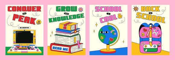Set of trendy vertical cards with a back to school theme in retro style y2k. illustration of a vintage laptop, stack of books, globe and school teenage backpack with various stickers and pears. vector